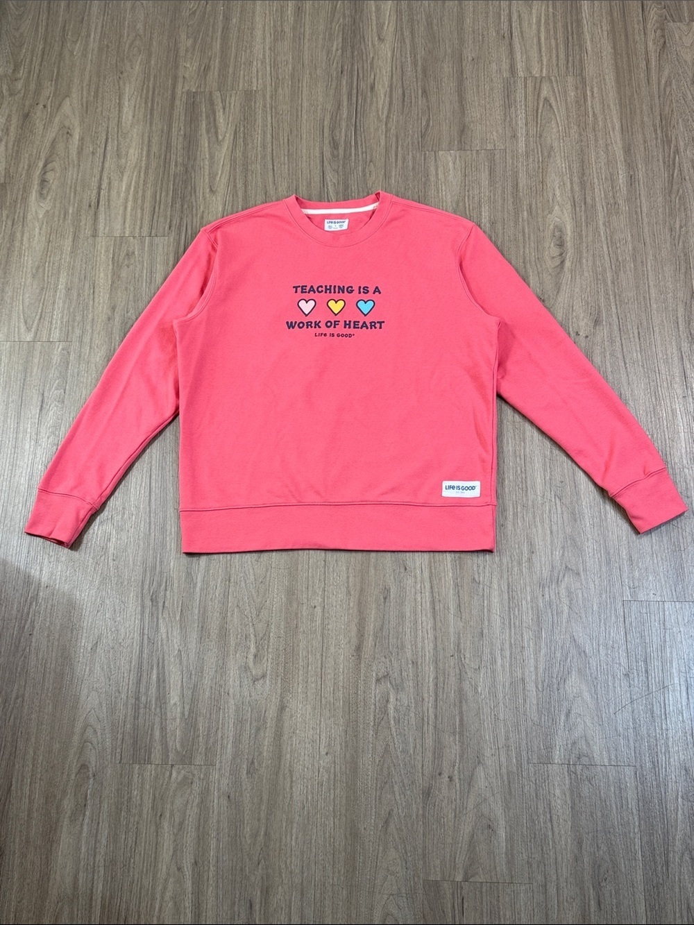 Life Is Good Coral Crewneck with Colorful Heart Graphic
